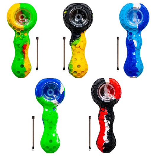 4 Inch Honeycomb Silicone Hand Pipe with Tool/Container- Assorted Colors
